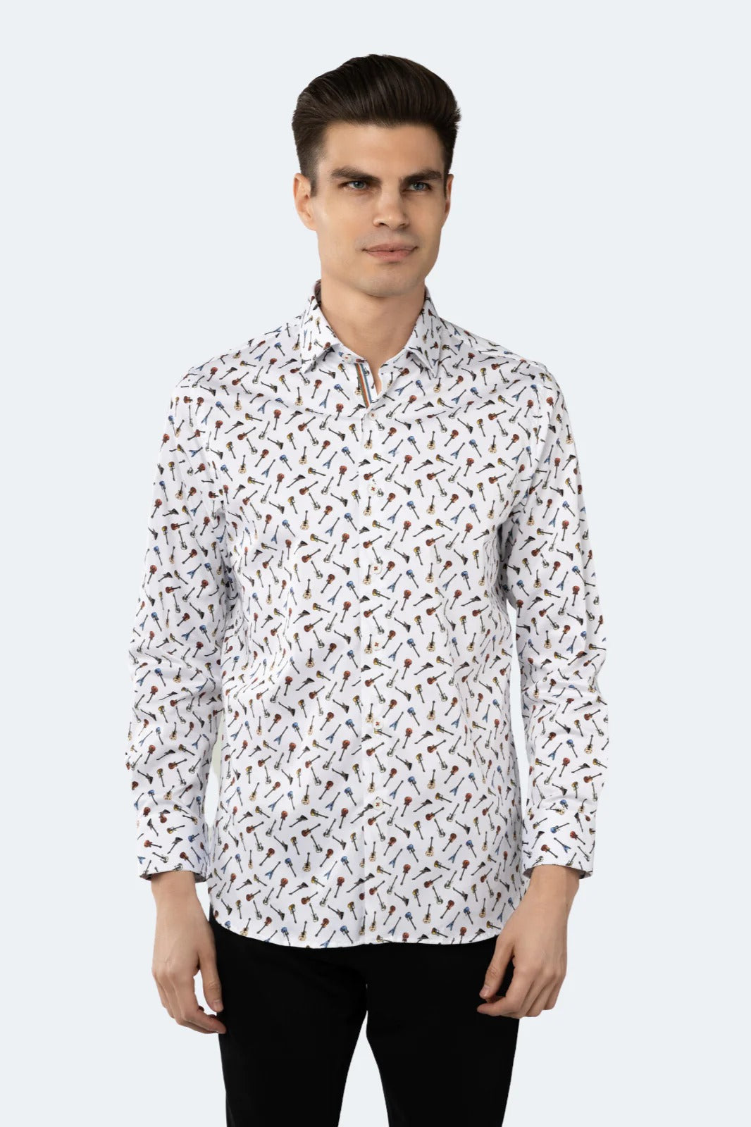 Wholesale,Luchiano Visconti, Luchiano Visconti White with Multicolor Guitar Print Long Sleeve Shirt, White, Small-41-TagSMedium-43-TagMLarge-45-TagLExtra Large-48-TagXL