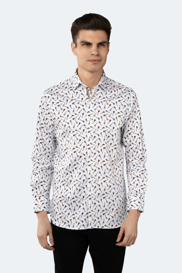 Luchiano Visconti White with Multicolor Guitar Print Long Sleeve Shirt
