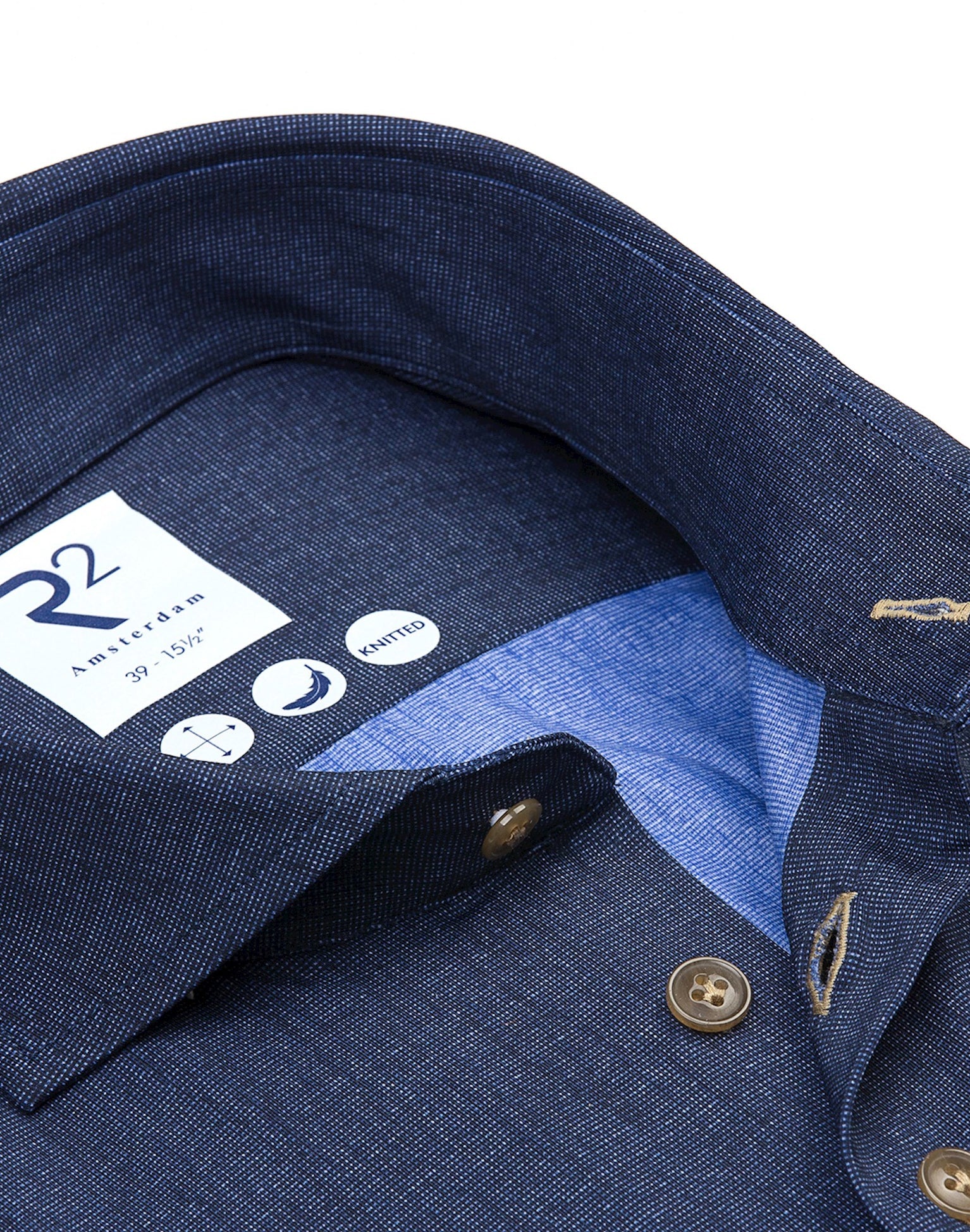 Brand Partner,R2 Amsterdam, R2 Amsterdam Navy 4-Way Stretch Knitted Shirt, Blue, Large-45-Tag43Large-44-Tag41