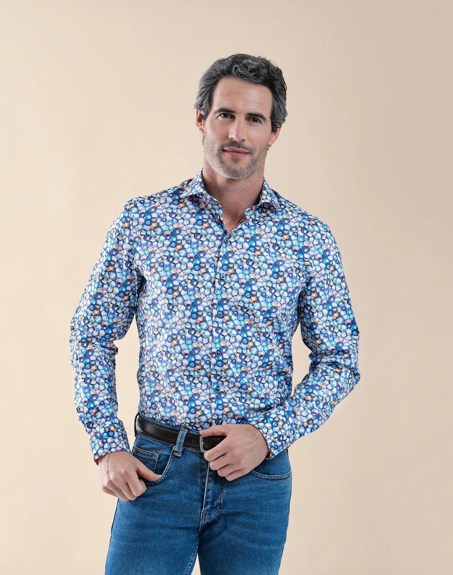 Brand Partner,R2 Amsterdam, R2 Amsterdam Blue Water Glasses Print Stretch Shirt, Blue, Medium-42-Tag39Large-44-Tag41