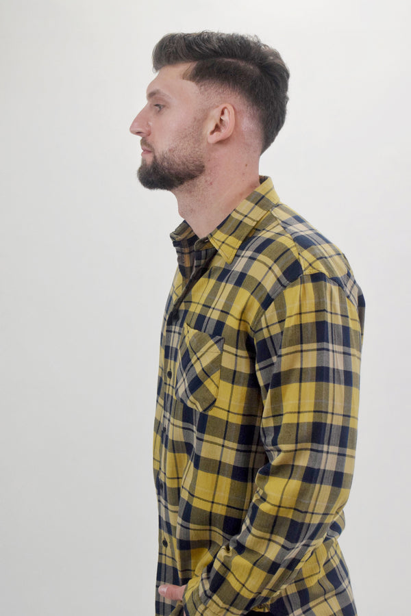 Rag & Bone Yellow And Navy Plaid Flannel Button Up Shirt With Front Chest Pocket