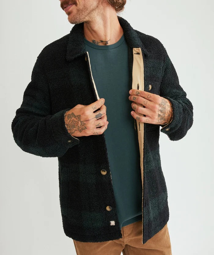 Wholesale,Marine Layer, Marine Layer Green/Black Plaid Long Sleeve Sherpa Shacket, Green, Medium-44-TagM