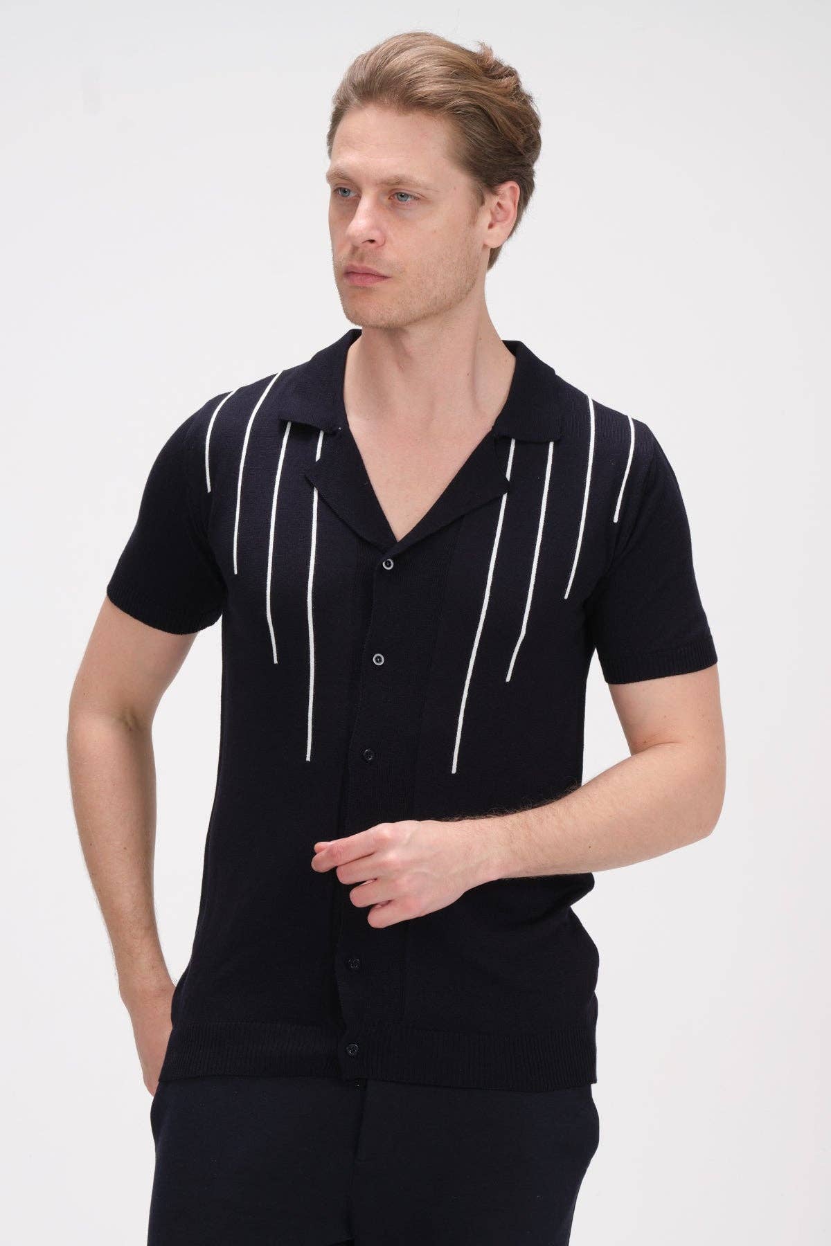 Faire,RNT 23, RNT 23 Black Camp Collar With White Line Detail Short Sleeve Knit Button Up, Black, Medium-41-TagXL