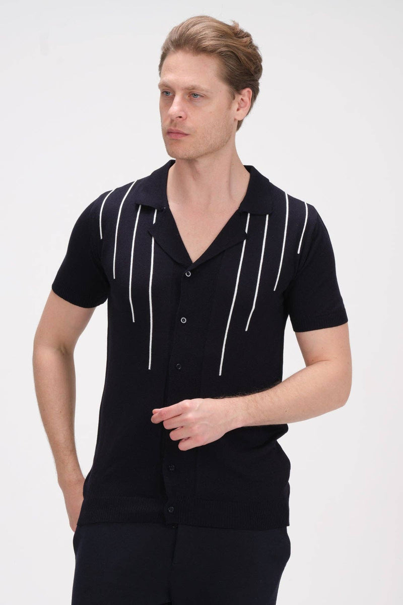 RNT 23 Black Camp Collar With White Line Detail Short Sleeve Knit Button Up