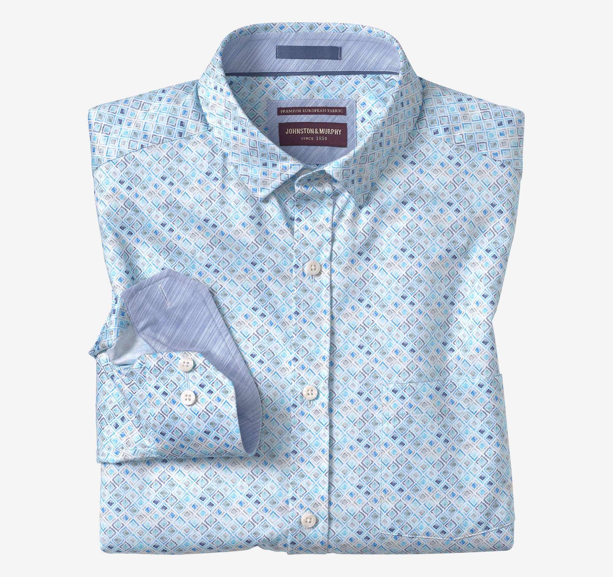 Wholesale,Johnston & Murphy, Johnston & Murphy Aqua Watercolor Diamond Printed Cotton Shirt, Blue, Large-48-TagL