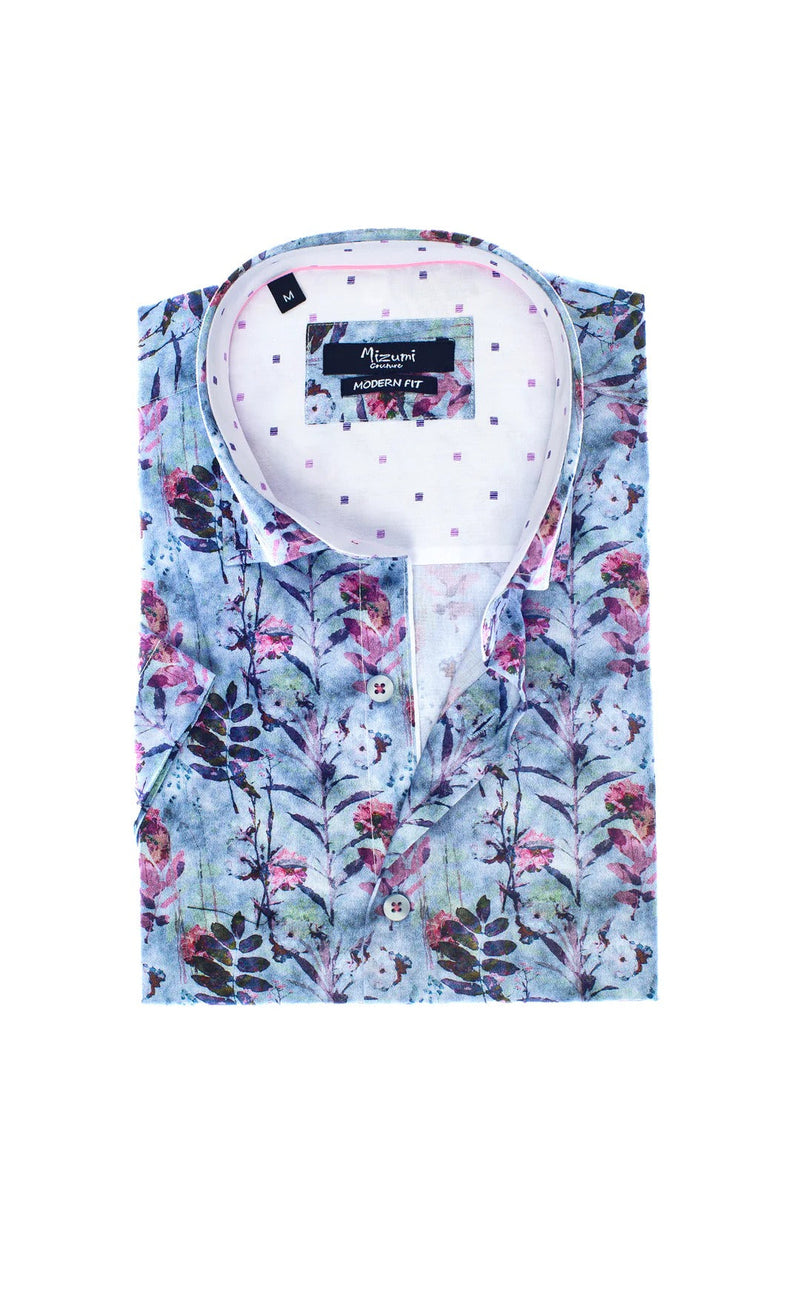 Mizumi Blue/Multi Floral Short Sleeve Button Up Shirt