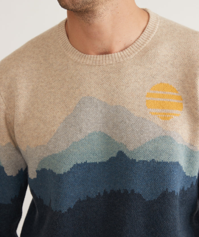 Wholesale,Marine Layer, Marine Layer Oatmeal/Blue Alps Long Sleeve Archive Palpana Crewneck, Tan, Extra Large-48-TagXL