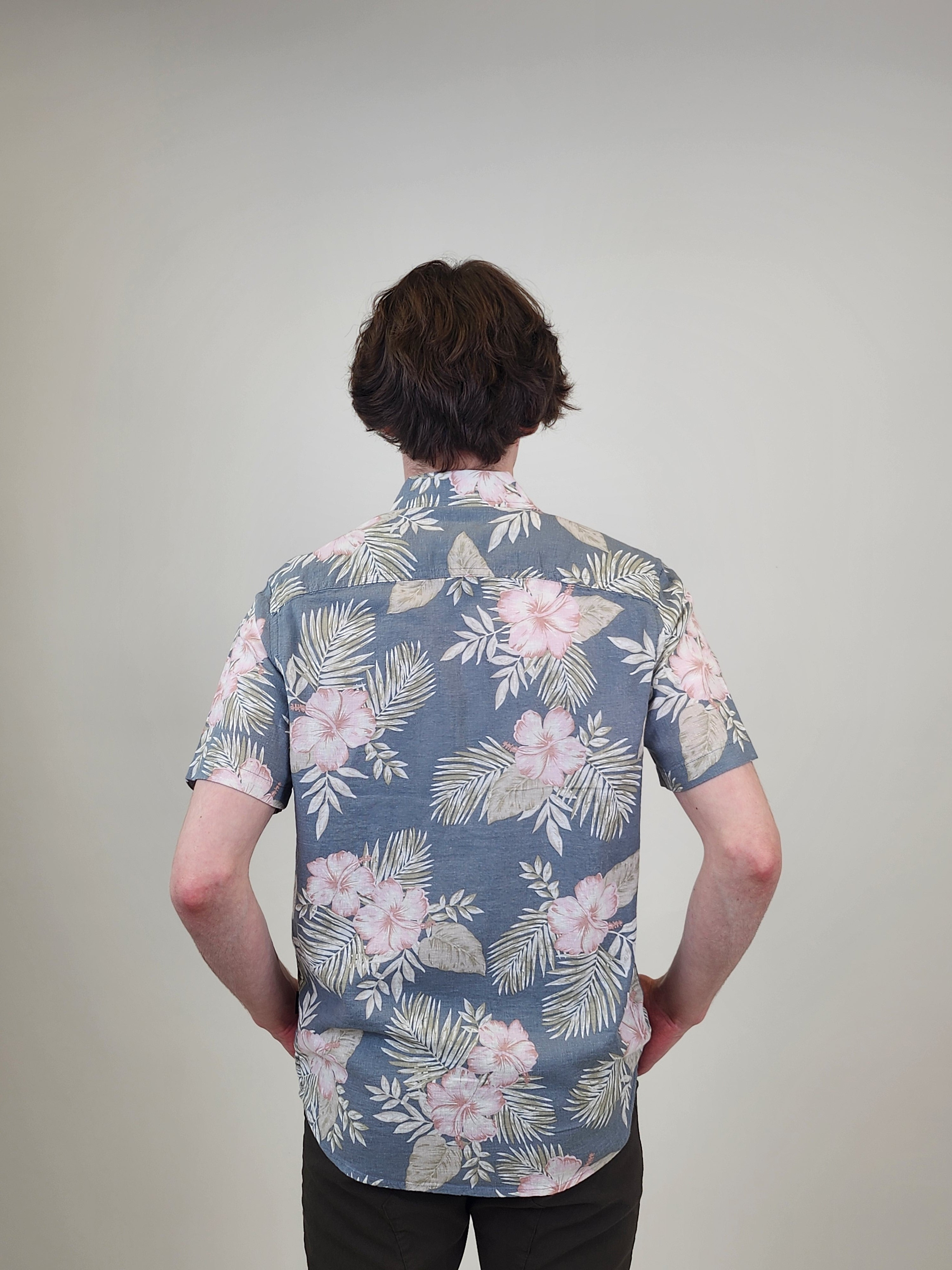 Wholesale,Projek Raw, Projek Raw Charcoal/Pink Tropical Linen Blend Short Sleeve Shirt, Grey, Medium-43-TagM