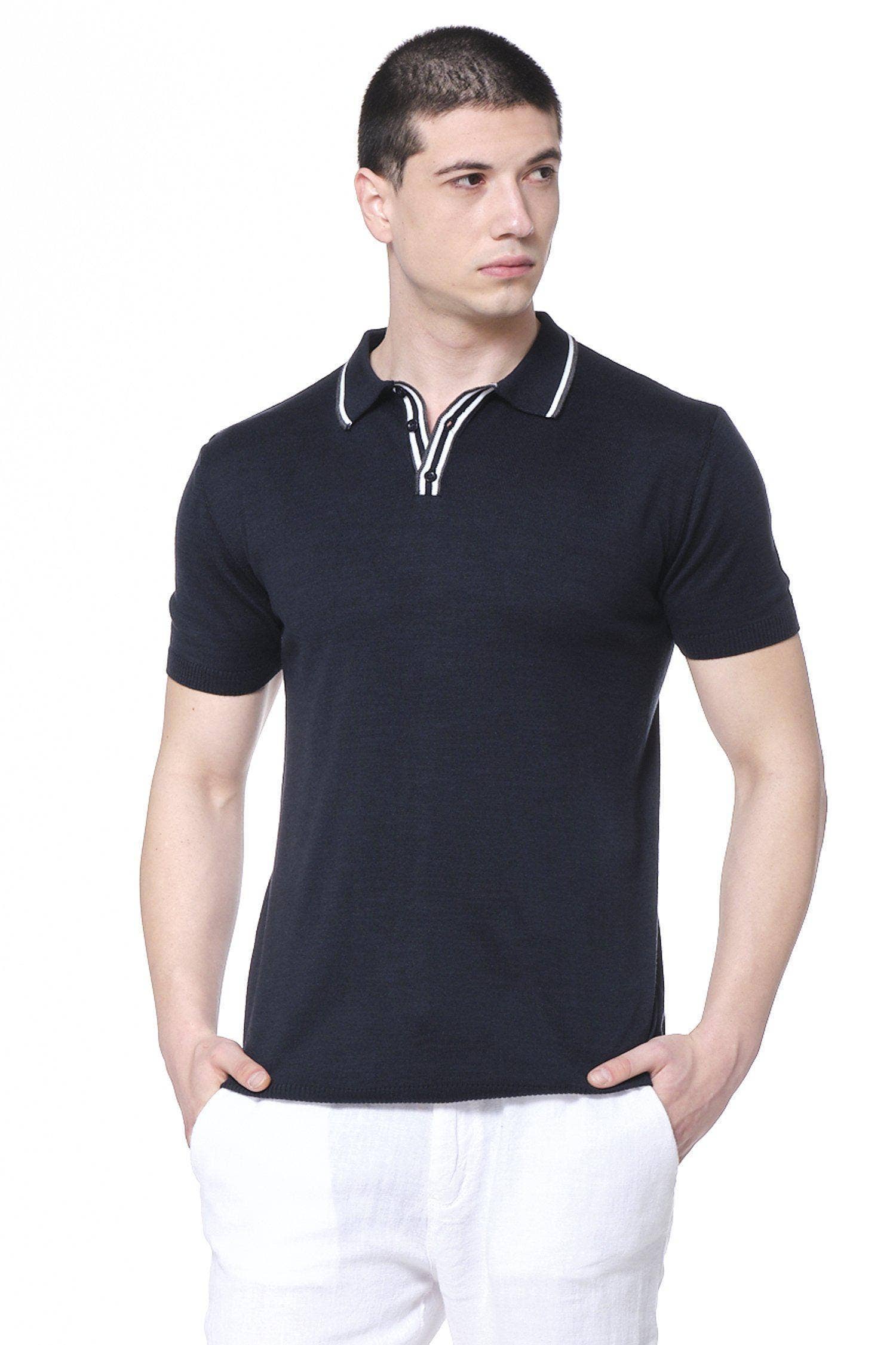Faire,RNT 23, RNT 23 Navy With White Trim Collar Details Short Sleeve Polo, Blue, Large-42-TagL