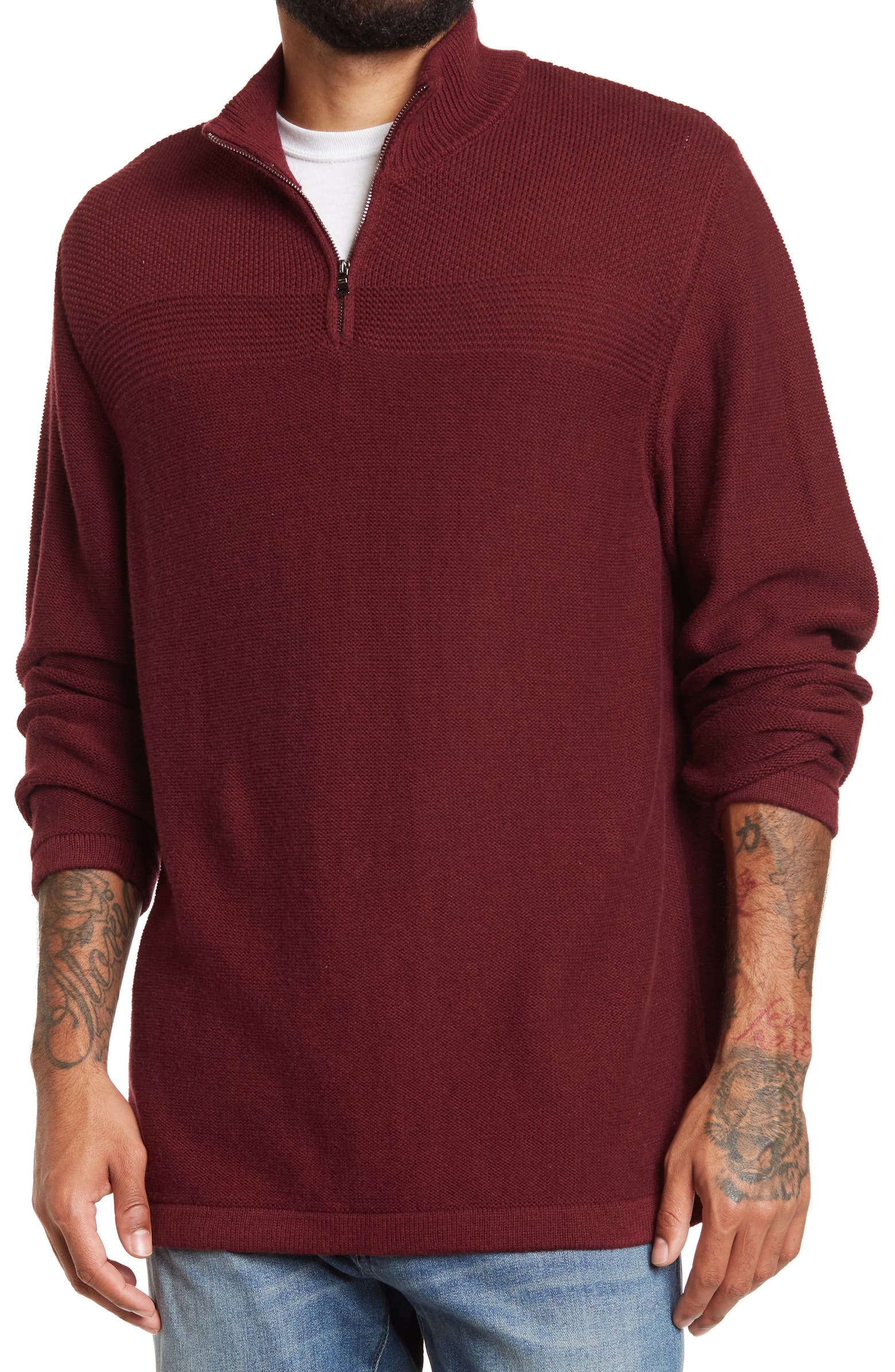 Nordstrom Rack, Flag & Anthem Maroon Heather 1/4 Zip Pullover Sweater, Red, Medium-45-TagM