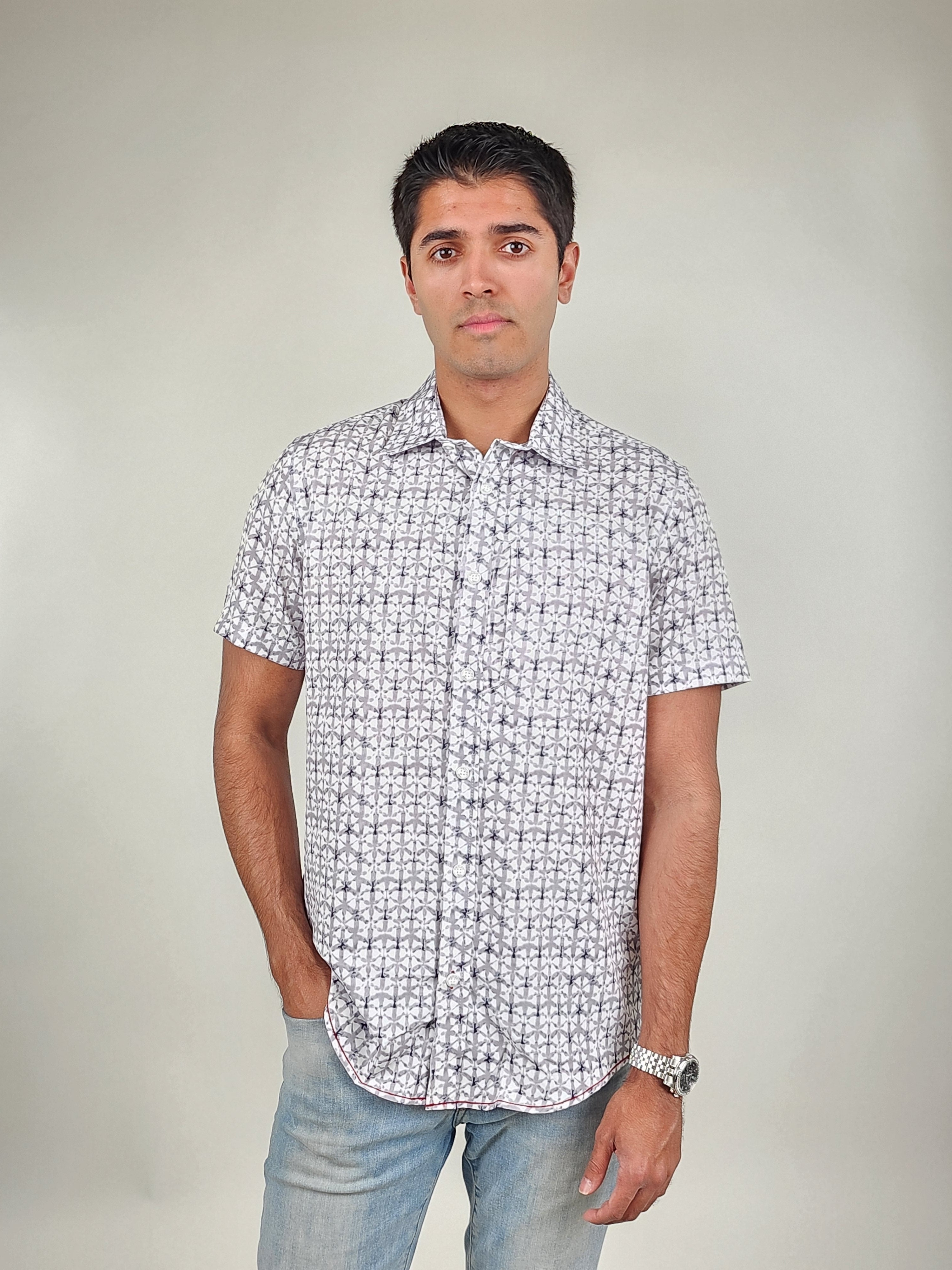 Wholesale,Projek Raw, Projek Raw Grey 4 Way Stretch Short Sleeve Button Up Shirt, Grey, Medium-44-TagM