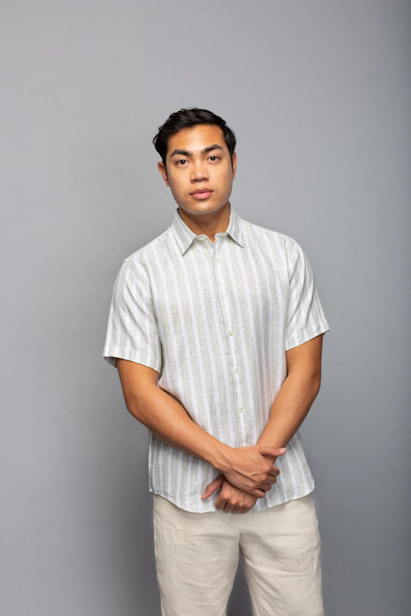 Stitch Note Green Yarn Dyed  Stripe The Redford Short Sleeve Shirt