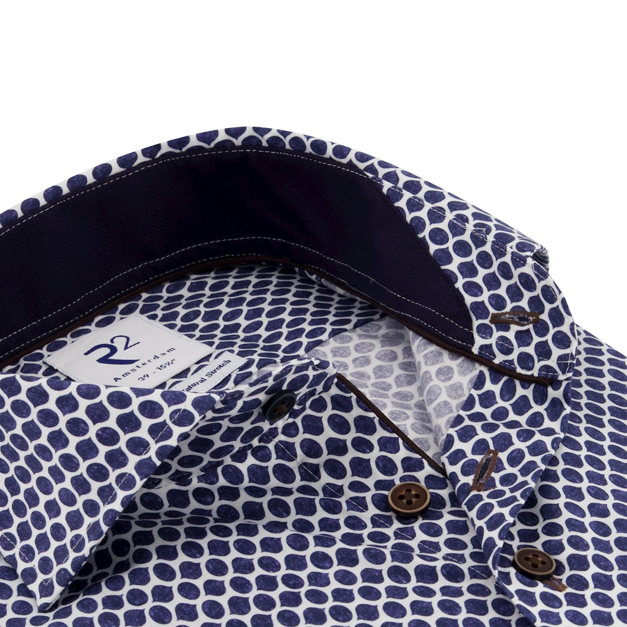 Brand Partner,R2 Amsterdam, R2 Amsterdam Dark Blue Circle Print Cotton Long Sleeve Button Up Shirt, Blue, Large-47-Tag43