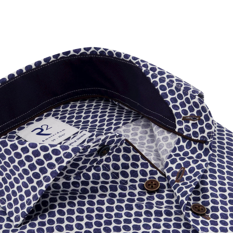 R2 Amsterdam Dark Blue Circle Print Cotton Long Sleeve Button Up Shirt