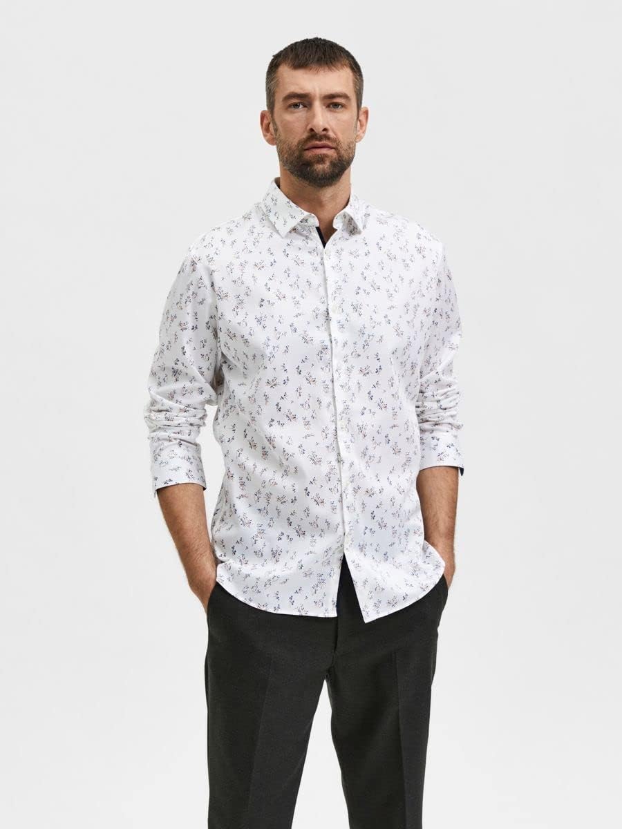 Wholesale,Selected Homme, Selected Homme White Floral Print Long Sleeve Shirt, White, Medium-42-TagM