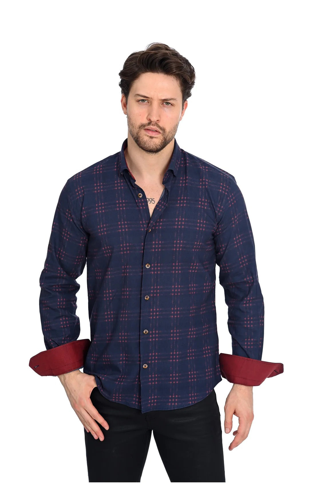 Wholesale,Mizumi, Mizumi Navy/Burgundy Plaid Long Sleeve Button Up Shirt, Blue, Extra Large-48-TagXLMedium-42-TagMLarge-45-TagLExtra Large-50-TagXXL