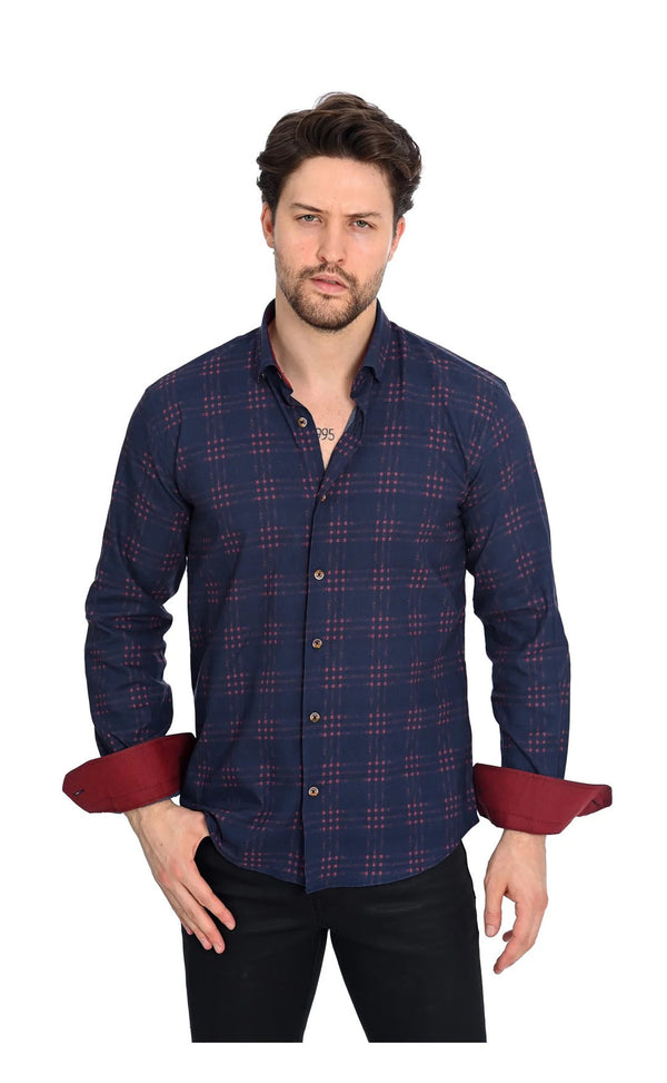 Mizumi Navy/Burgundy Plaid Long Sleeve Button Up Shirt