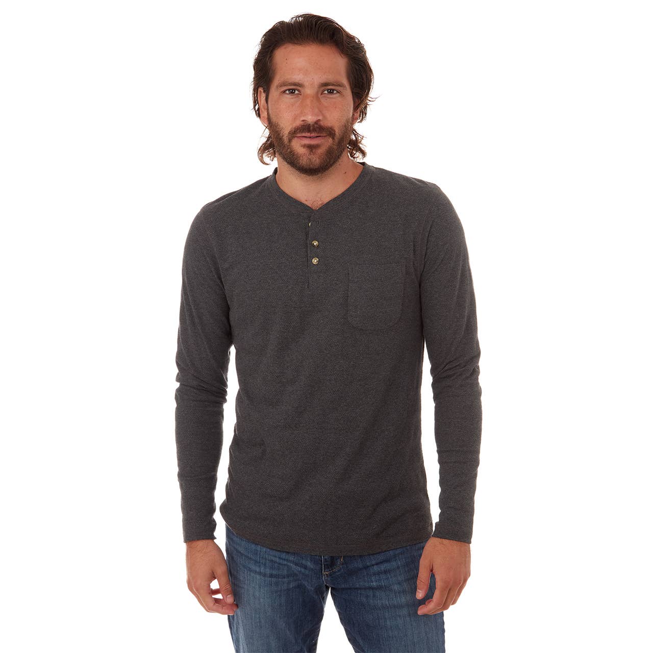 Faire,PX, PX Charcoal Grey Heather Long Sleeve Tonal Striped Henley With Front Pocket, Grey, Large-42-TagL