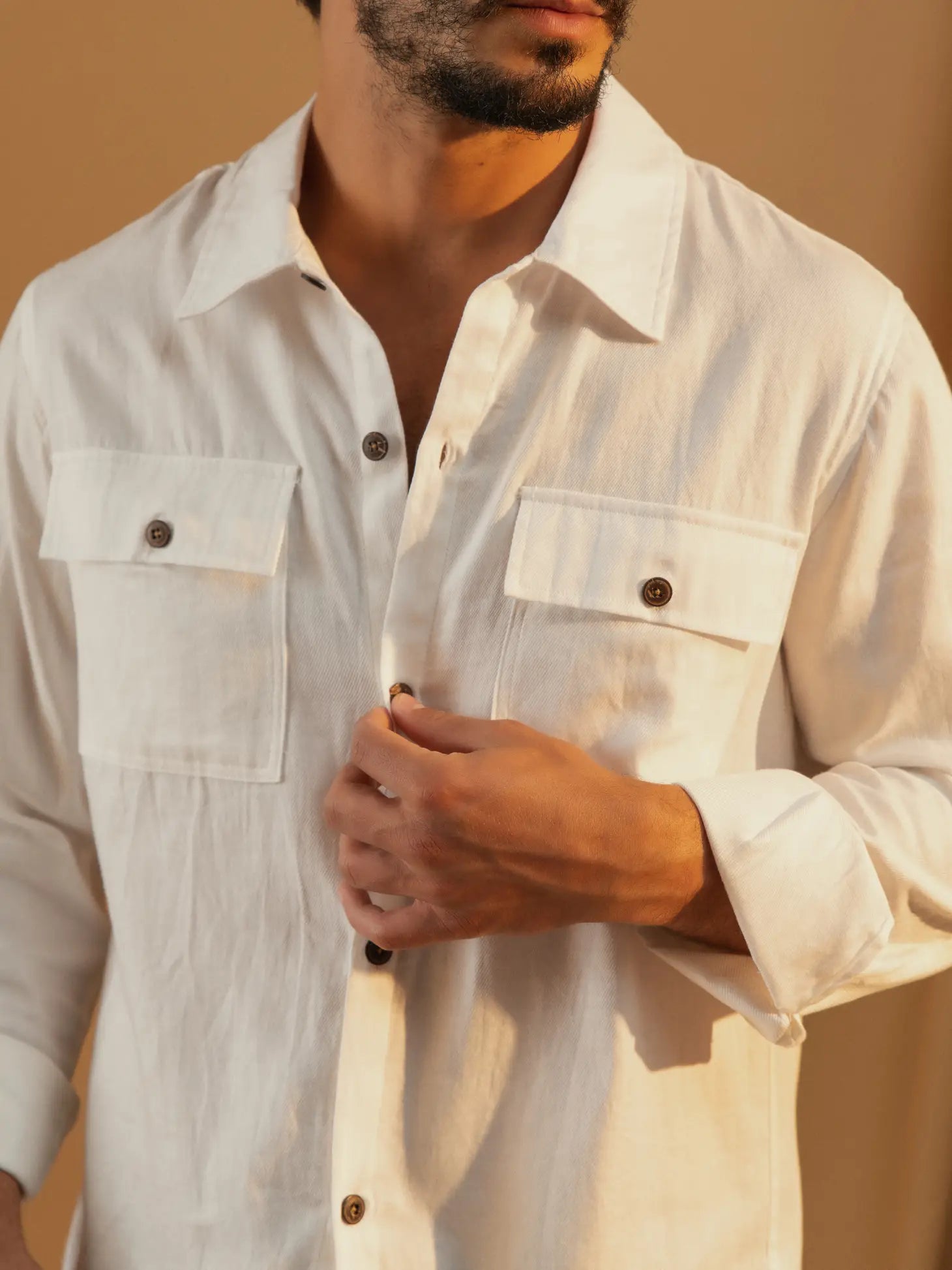 Faire,SMF, SMF White Linen Blend Long Sleeve Overshirt, Tan, Small-41-TagS