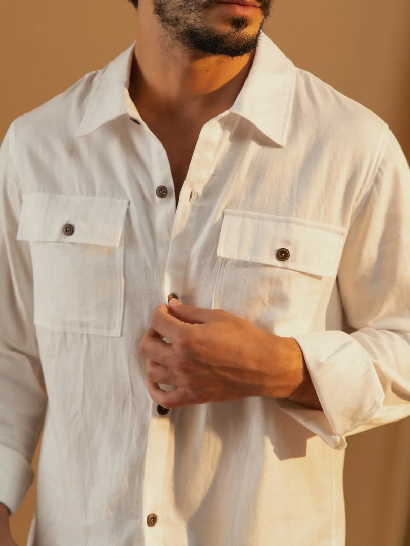 SMF White Linen Blend Long Sleeve Overshirt