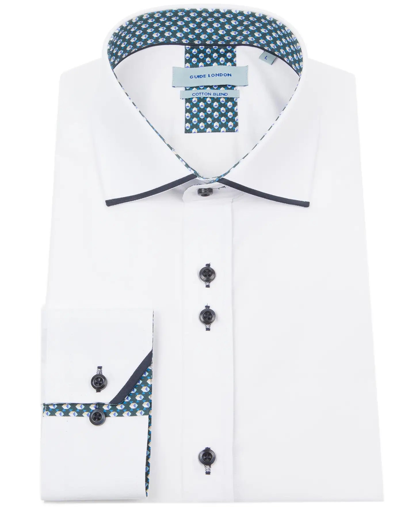 Faire,Guide London, Guide London White Long Sleeve Button Up Shirt With Navy Detail Trim, White, Large-47-TagXL