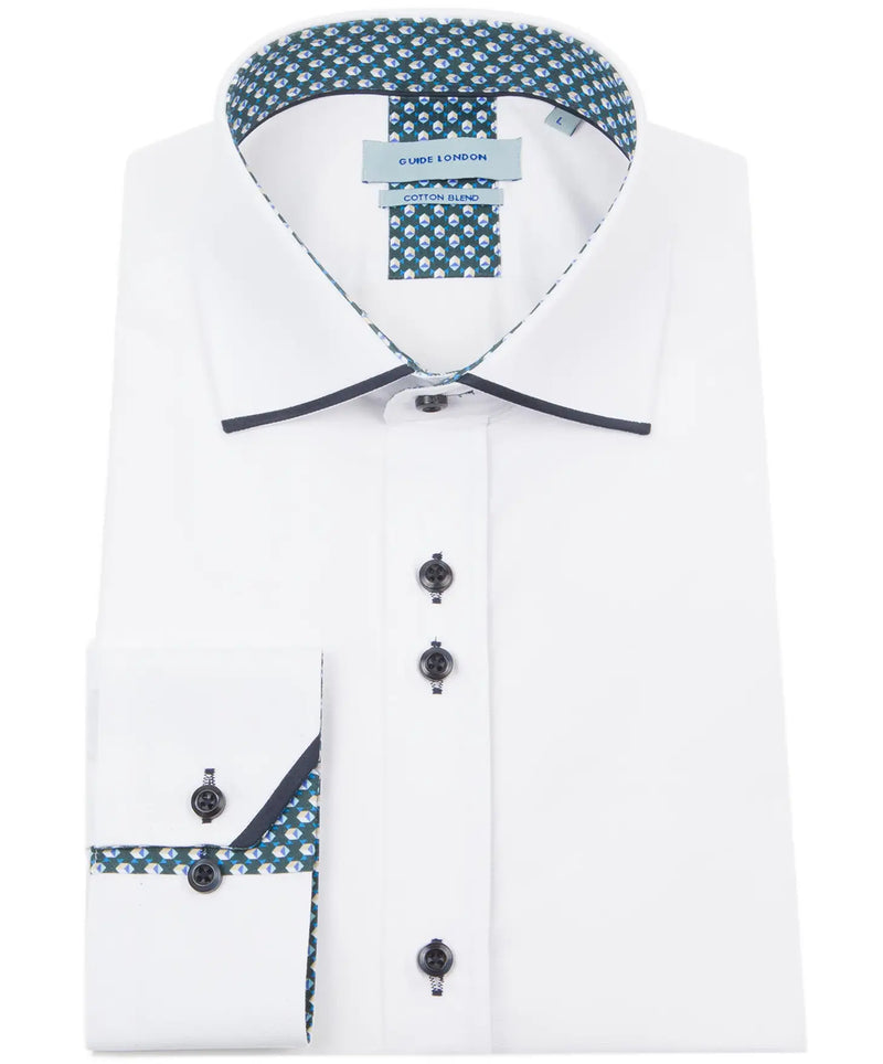 Guide London White Long Sleeve Button Up Shirt With Navy Detail Trim