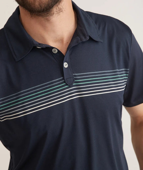 Marine Layer Navy Sport Recycled Stripe Short Sleeve Polo