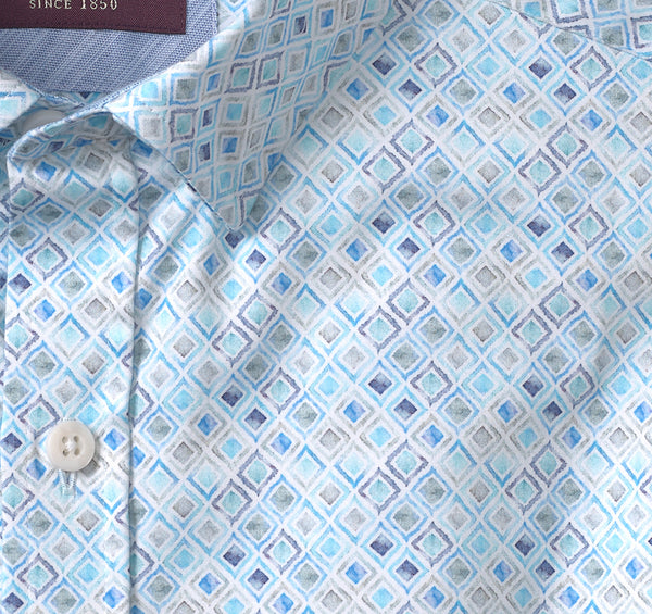 Johnston & Murphy Aqua Watercolor Diamond Printed Cotton Shirt