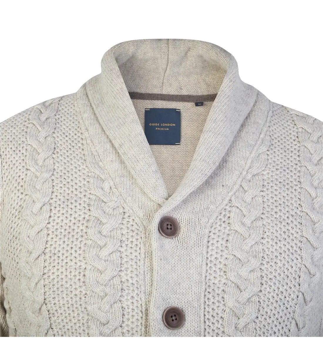 Faire,Guide London, Guide London Cream Shawl Collar Cable Knit Long Sleeve Button Up Cardigan, Cream, Large-44-TagXXLExtra Large-48-TagXLMedium-42-TagL