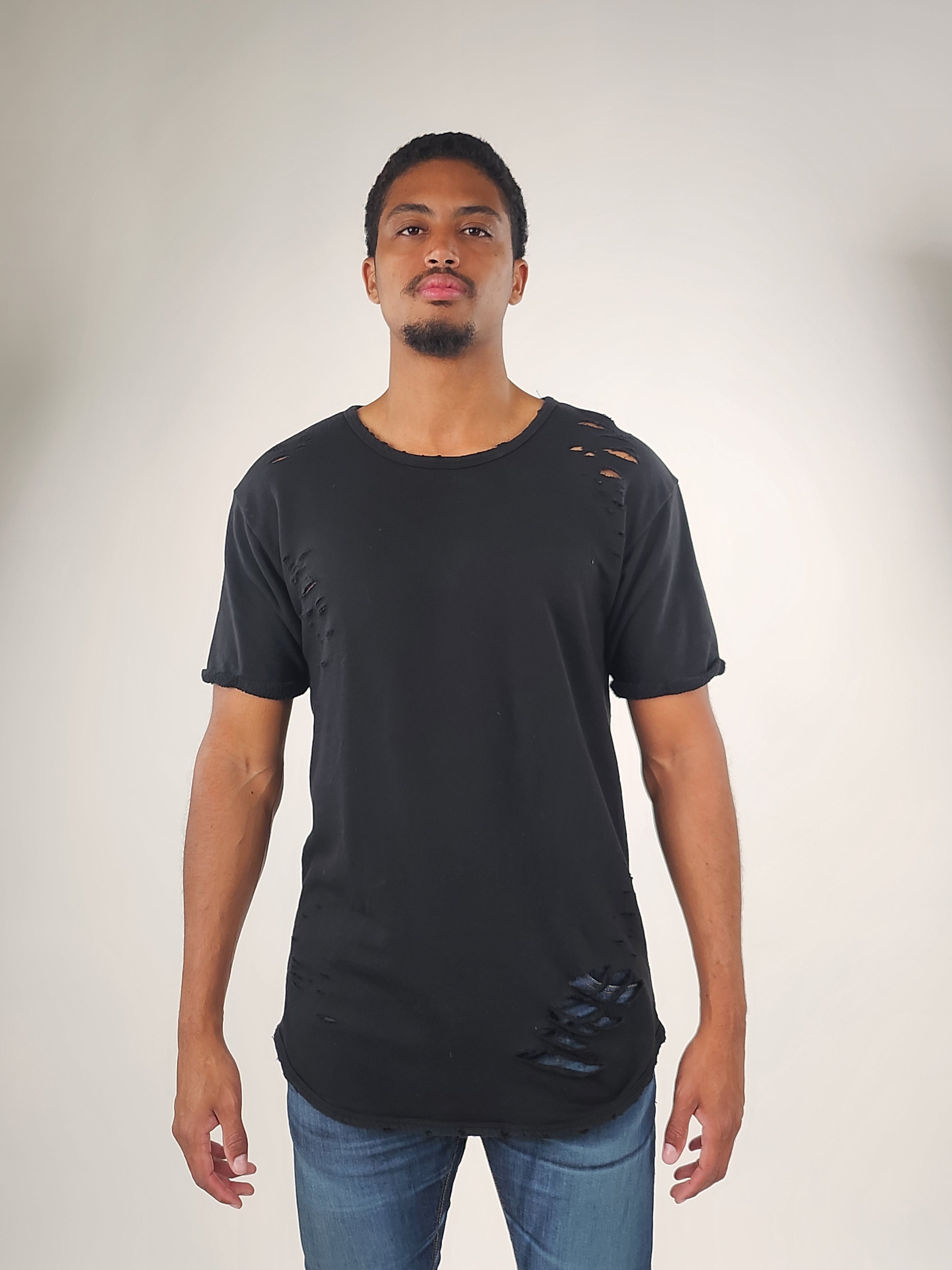 Wholesale,Reesedeluca, Reese De Luca Black Short Sleeve Ripped T-Shirt, Black, Medium-43-TagM