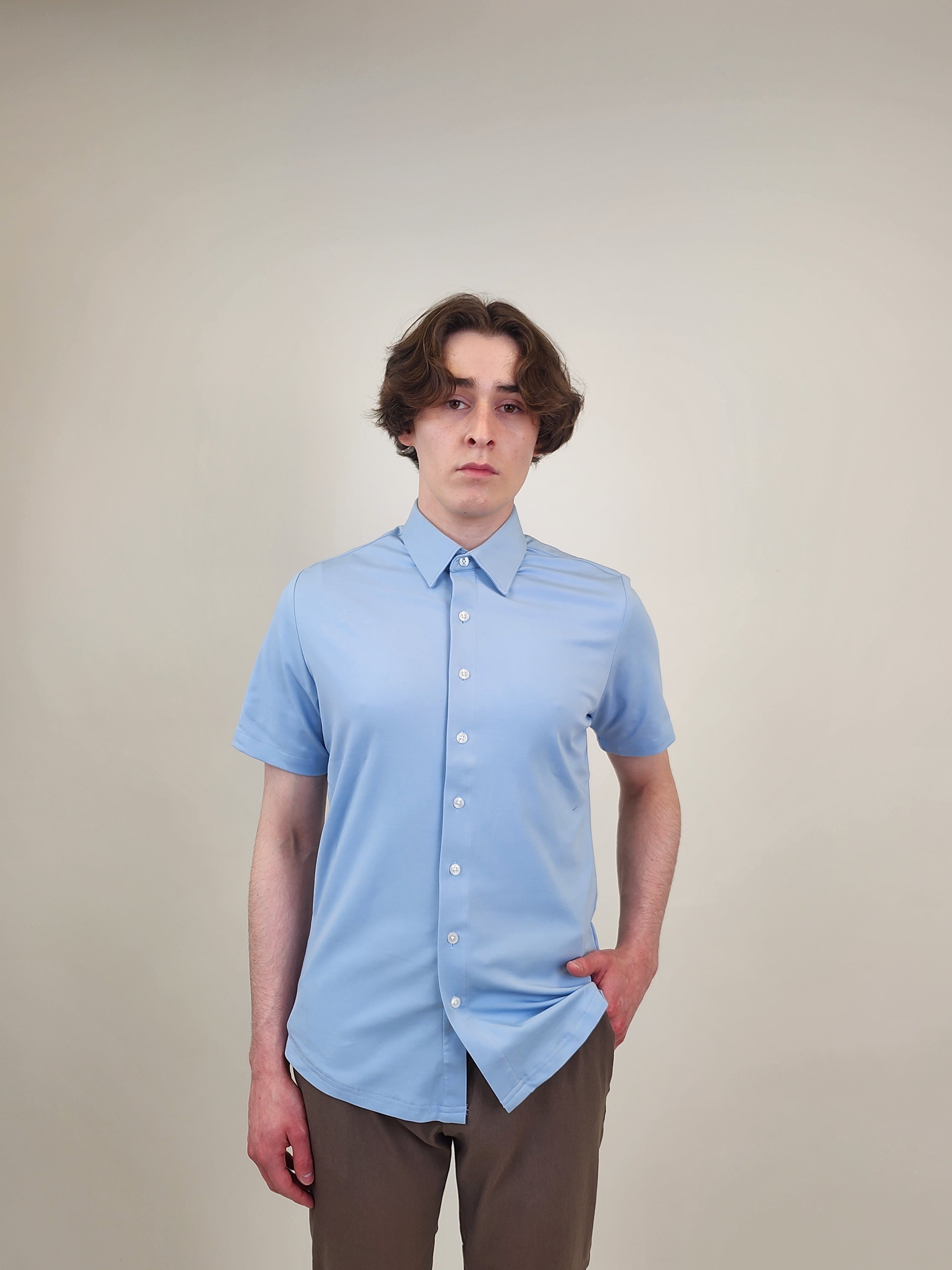 Wholesale,Projek Raw, Projek Raw Light Blue Knit Short Sleeve Shirt, Blue, Small-39-TagSLarge-44-TagLExtra Large-46-TagXLExtra Extra Large-50-TagXXLMedium-42-TagMSmall-40-TagSExtra Large-48-TagXL