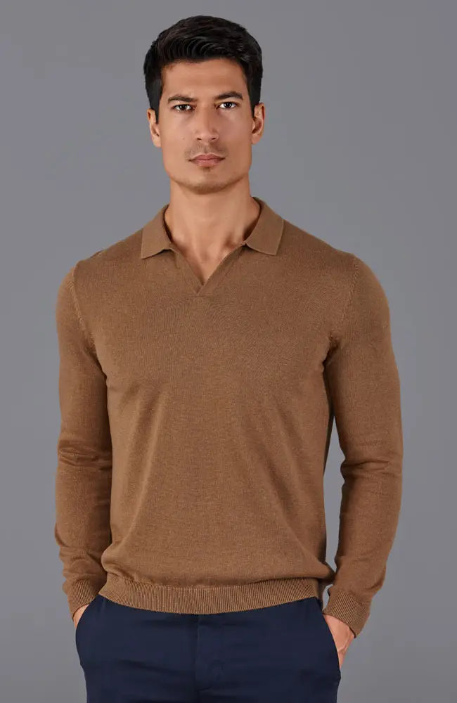 Faire,Paul James, Paul James Caramel Brown Buttonless Knit Longsleeve Polo, Brown, Extra Extra Large-50-TagXXL