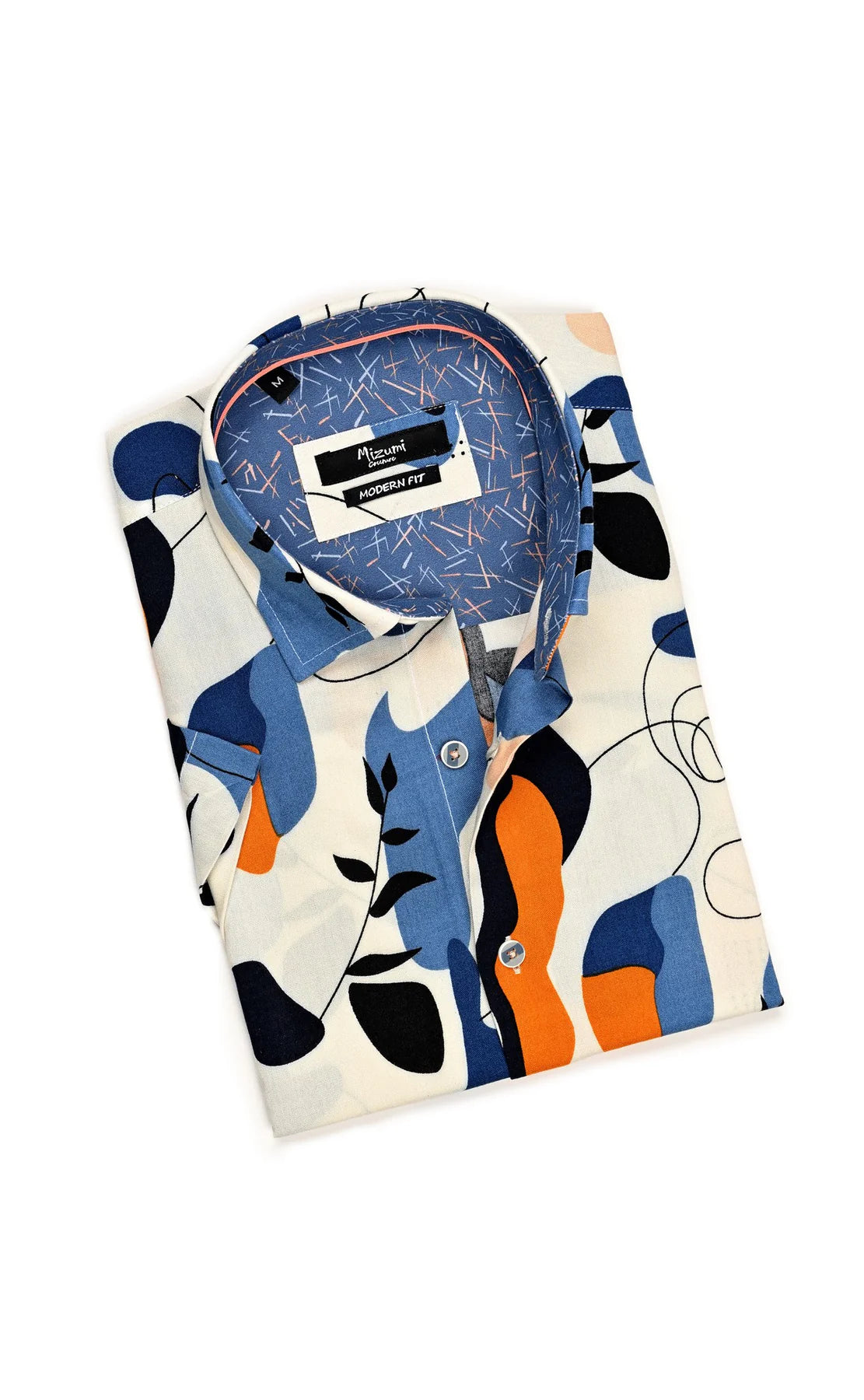 Wholesale,Mizumi, Mizumi White With Multi Color Abstract Shape Print Short Sleeve Button Up Shirt, White, Large-46-TagL