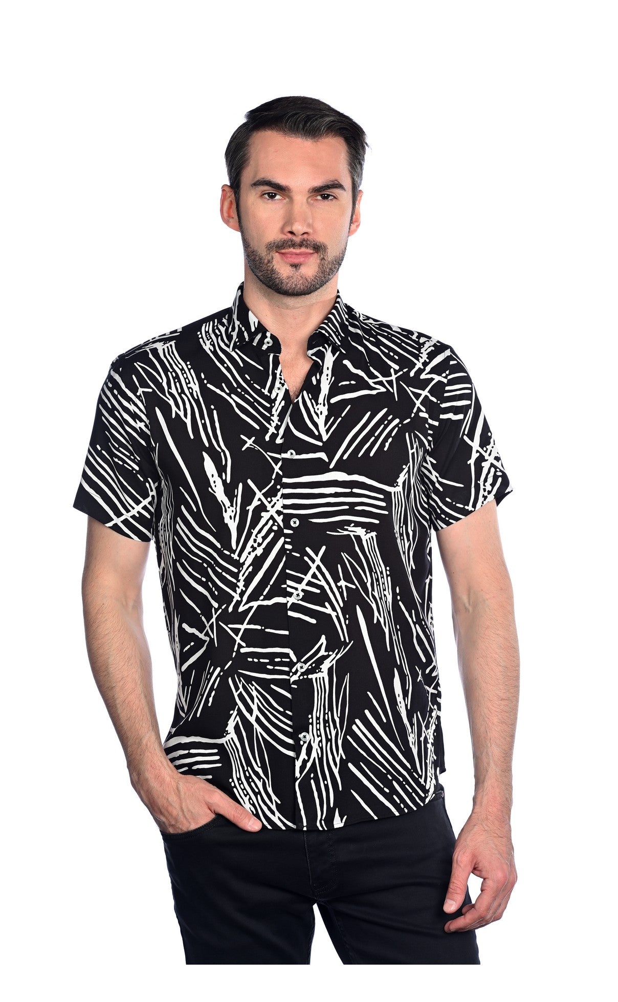 Wholesale,Mizumi, Mizumi Black With White Abstract Line Print Short Sleeve Button Up Shirt, Black, Medium-42-TagS