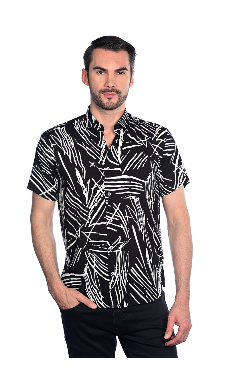 Mizumi Black With White Abstract Line Print Short Sleeve Button Up Shirt