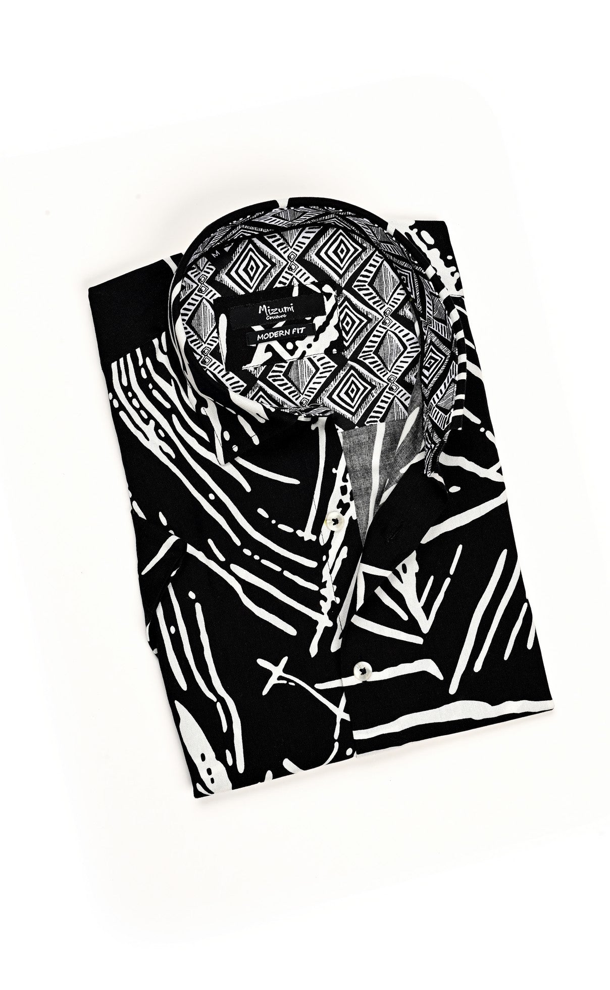 Wholesale,Mizumi, Mizumi Black With White Abstract Line Print Short Sleeve Button Up Shirt, Black, Extra Large-48-TagXLLarge-46-TagLMedium-44-TagMMedium-42-TagSMedium-43-TagXL