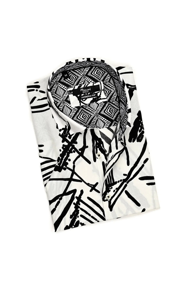 Mizumi White With Black Abstract Line Print Short Sleeve Button Up Shirt