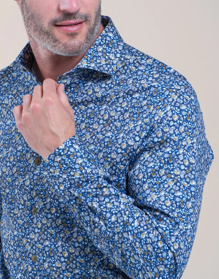 Brand Partner,R2 Amsterdam, R2 Amsterdam Blue Floral Print Long Sleeve Button Up  Cotton Shirt, Blue, Medium-44-Tag41Extra Large-50-Tag44Large-47-Tag43