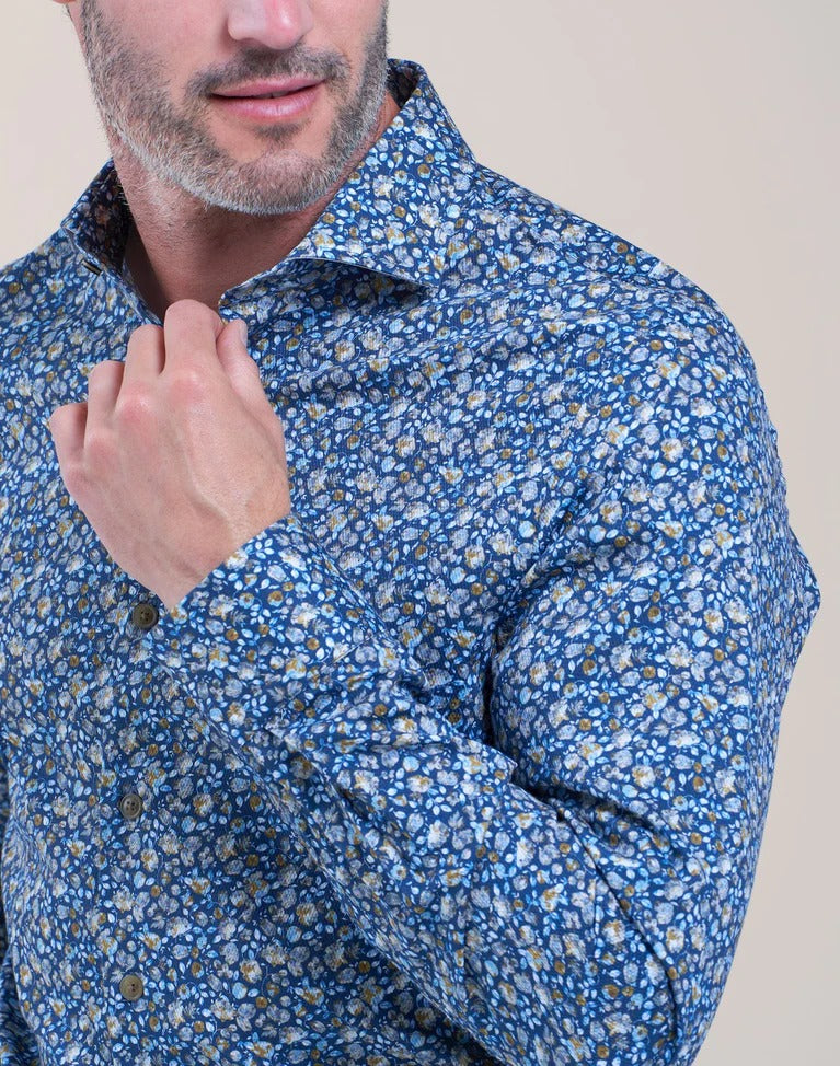 R2 Amsterdam Blue Floral Print Long Sleeve Button Up  Cotton Shirt