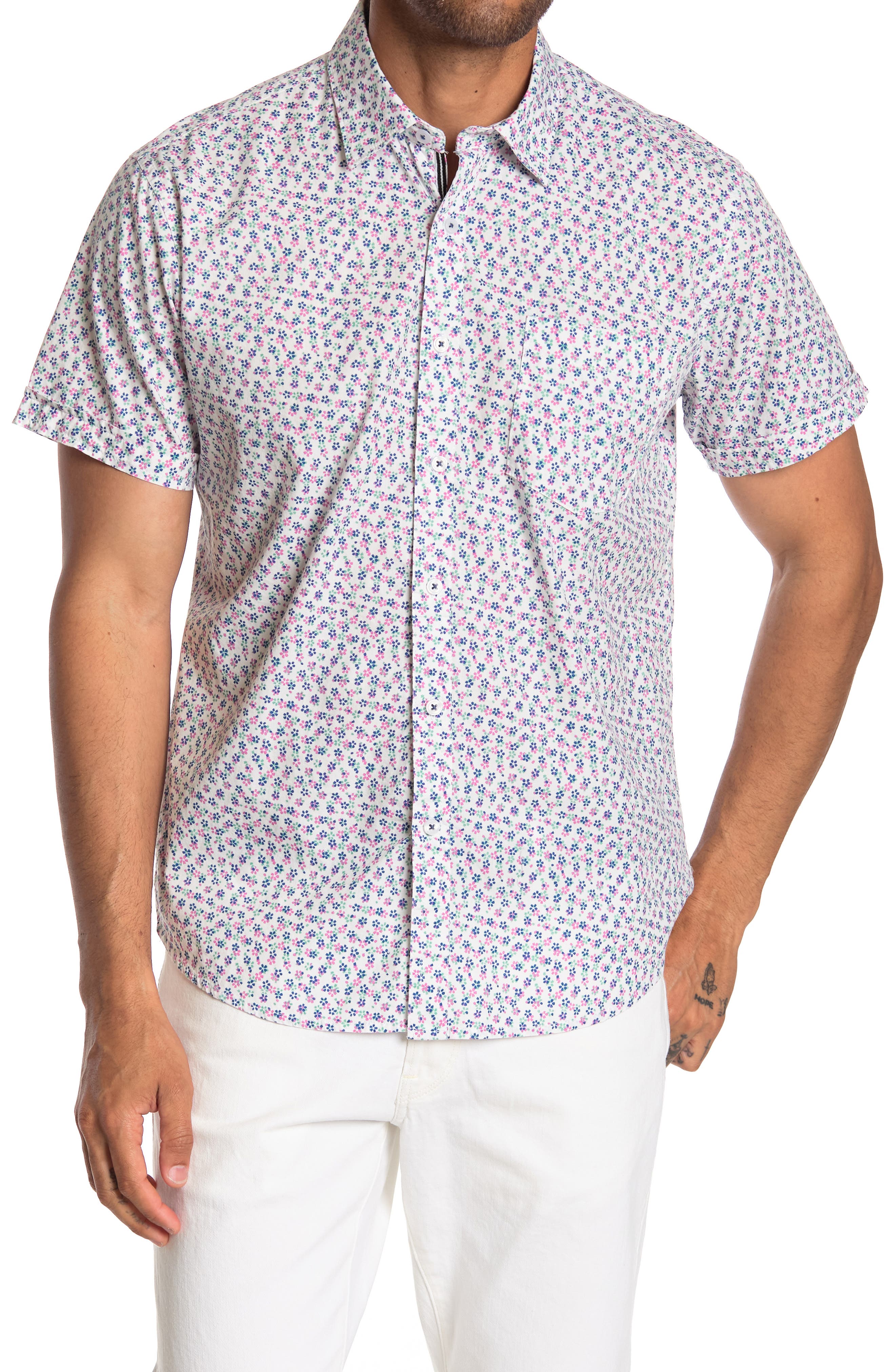Nordstrom Rack,Thread & Cloth, Thread and Cloth White Floral Short Sleeve Button Up Shirt, White, Small-41-TagS