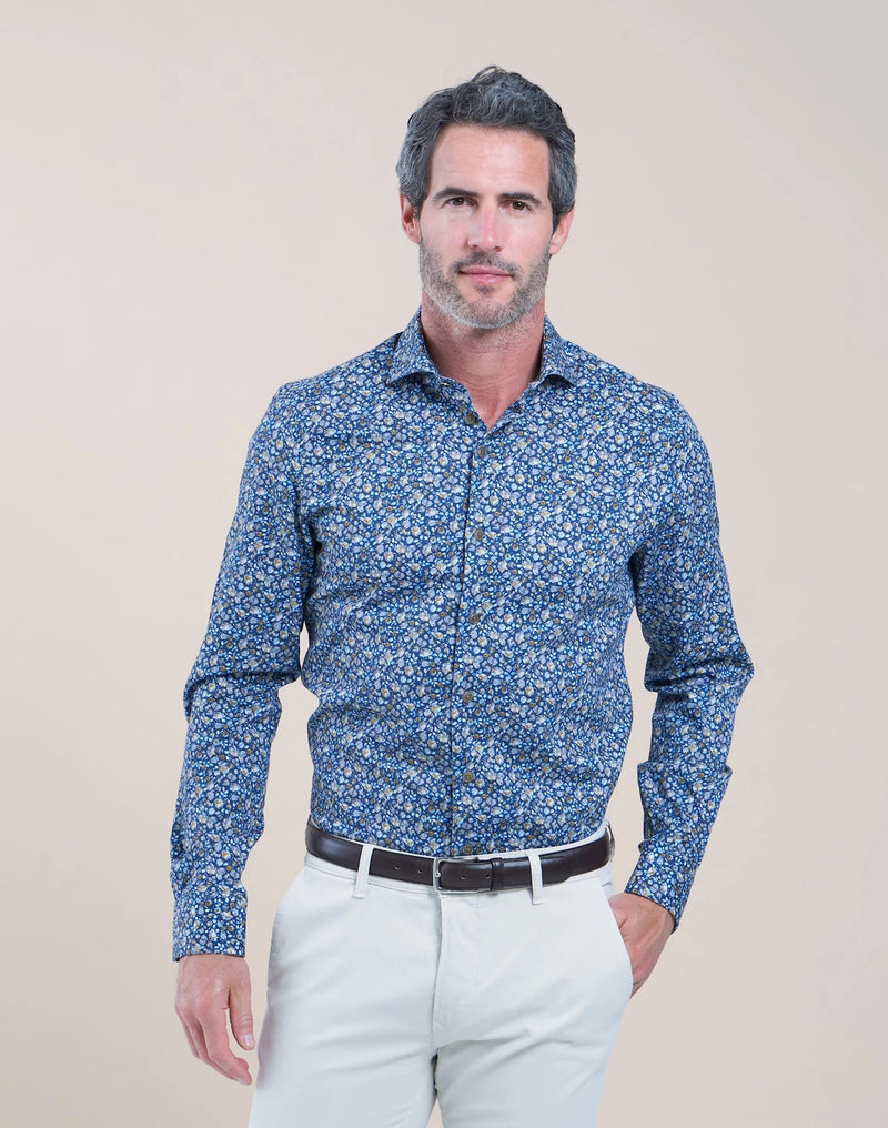 R2 Amsterdam Blue Floral Print Long Sleeve Button Up  Cotton Shirt