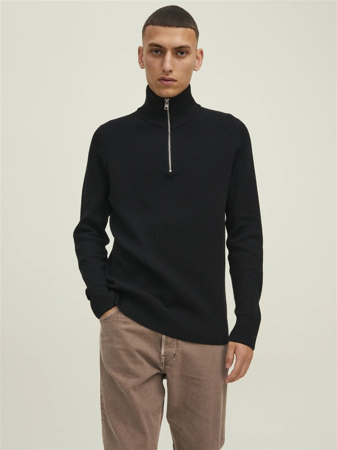 Wholesale,Jack & Jones, Jack & Jones Black Rib Knit Half Zip Sweater, Black, Extra Small-38-TagXSSmall-38-TagSMedium-41-TagMMedium-42-TagLLarge-46-TagXL