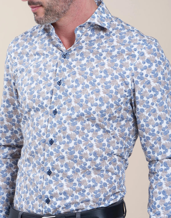 R2 Amsterdam White/Blue Leaf Print Long Sleeve Button Up Shirt