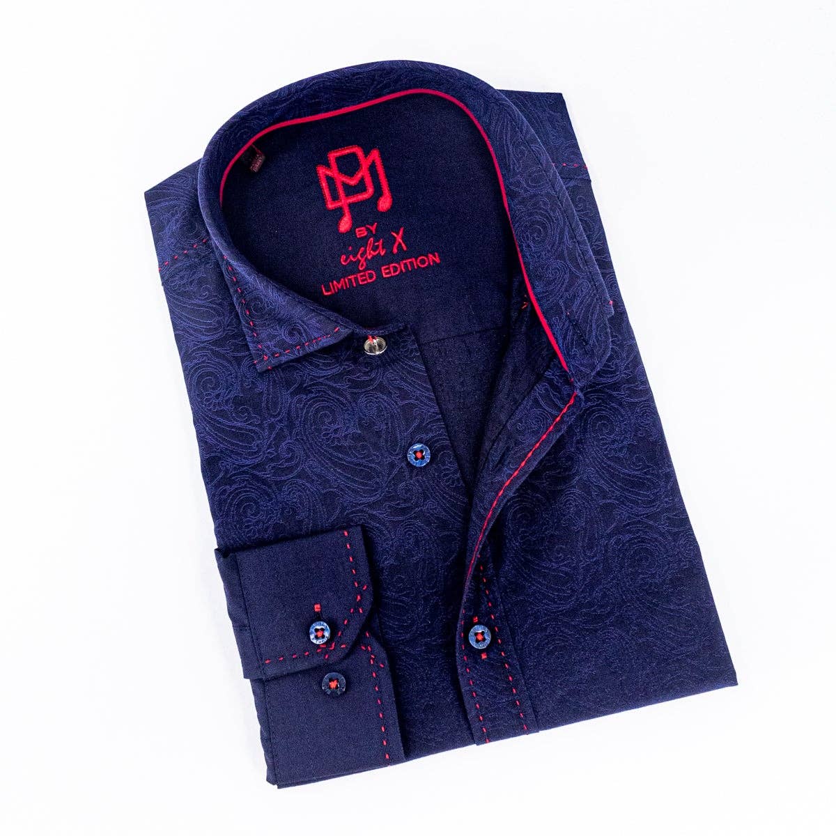 Faire,Eight X, Eight X Navy Jacquard Button Up With Red Contrast Stitching, Blue, Large-44-TagL