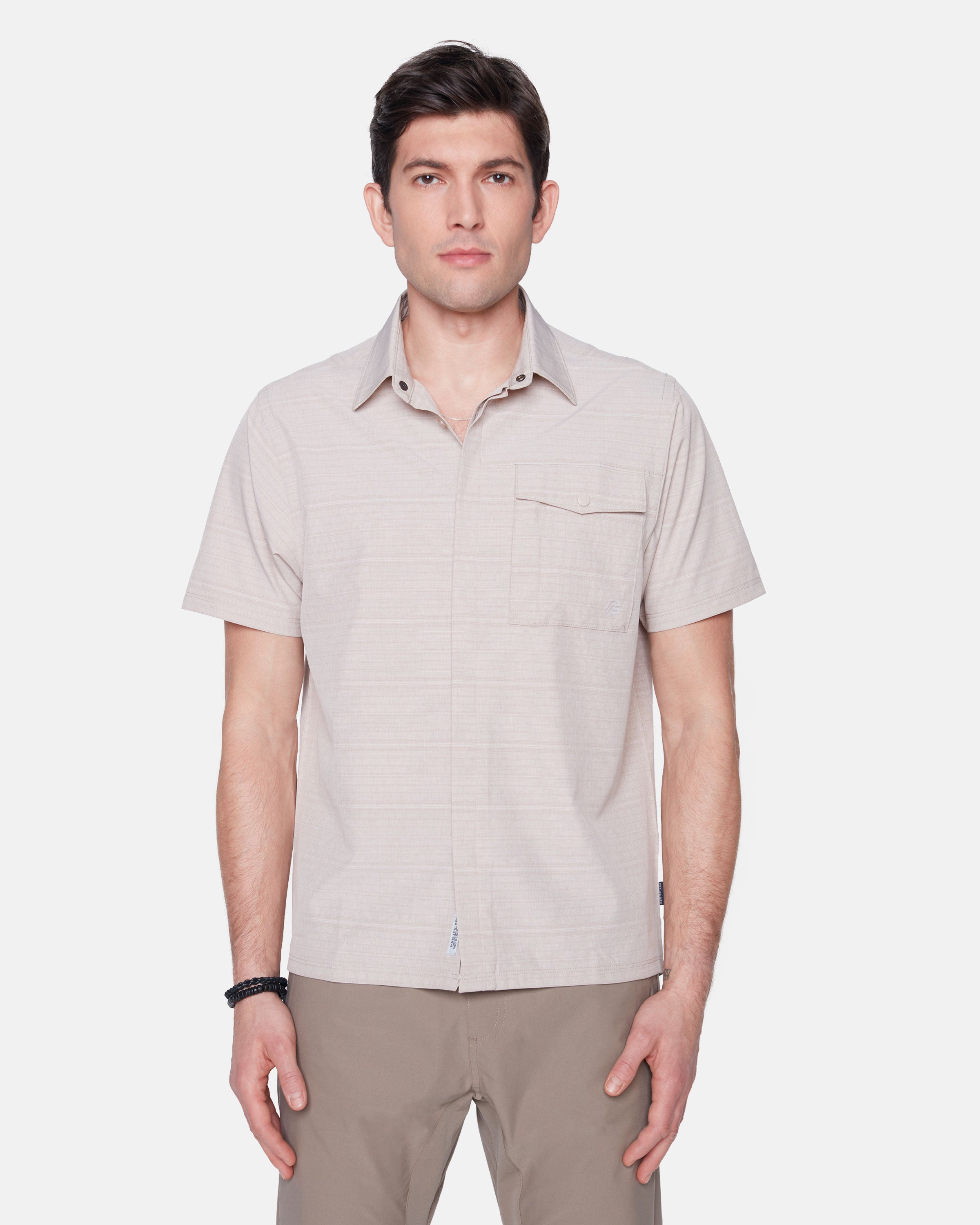 Wholesale,Projek Raw, Projek Raw Almond Stripe 4 Way Stretch Short Sleeve Button Up Shirt, Tan, Extra Extra Large-52-TagXXL