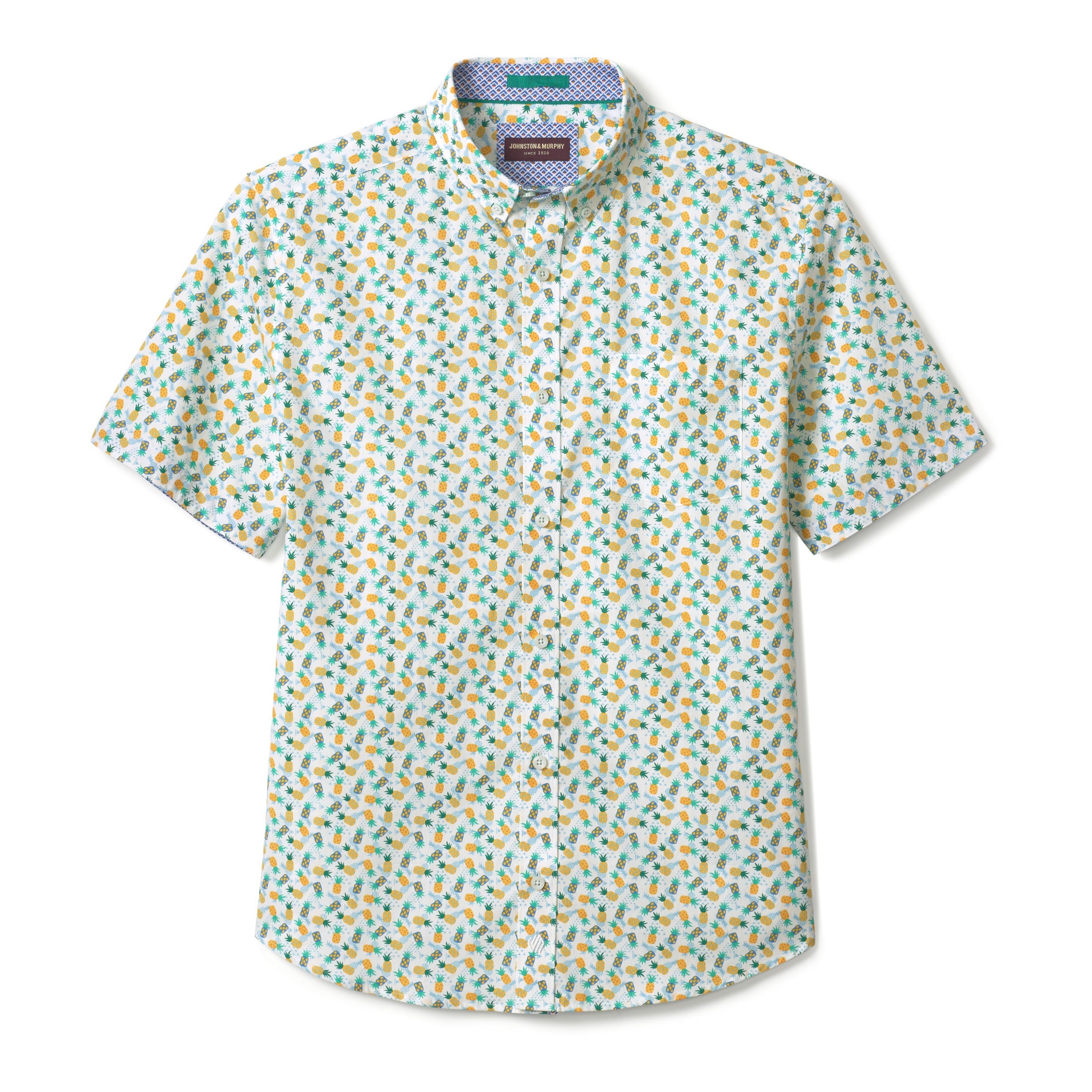 Wholesale,Johnston & Murphy, Johnston & Murphy Green & White Pineapple Print Short Sleeve Button Up Shirt, Yellow, Extra Large-50-TagXLLarge-47-TagLMedium-44-TagMSmall-41-TagSExtra Extra Large-53-TagXXL