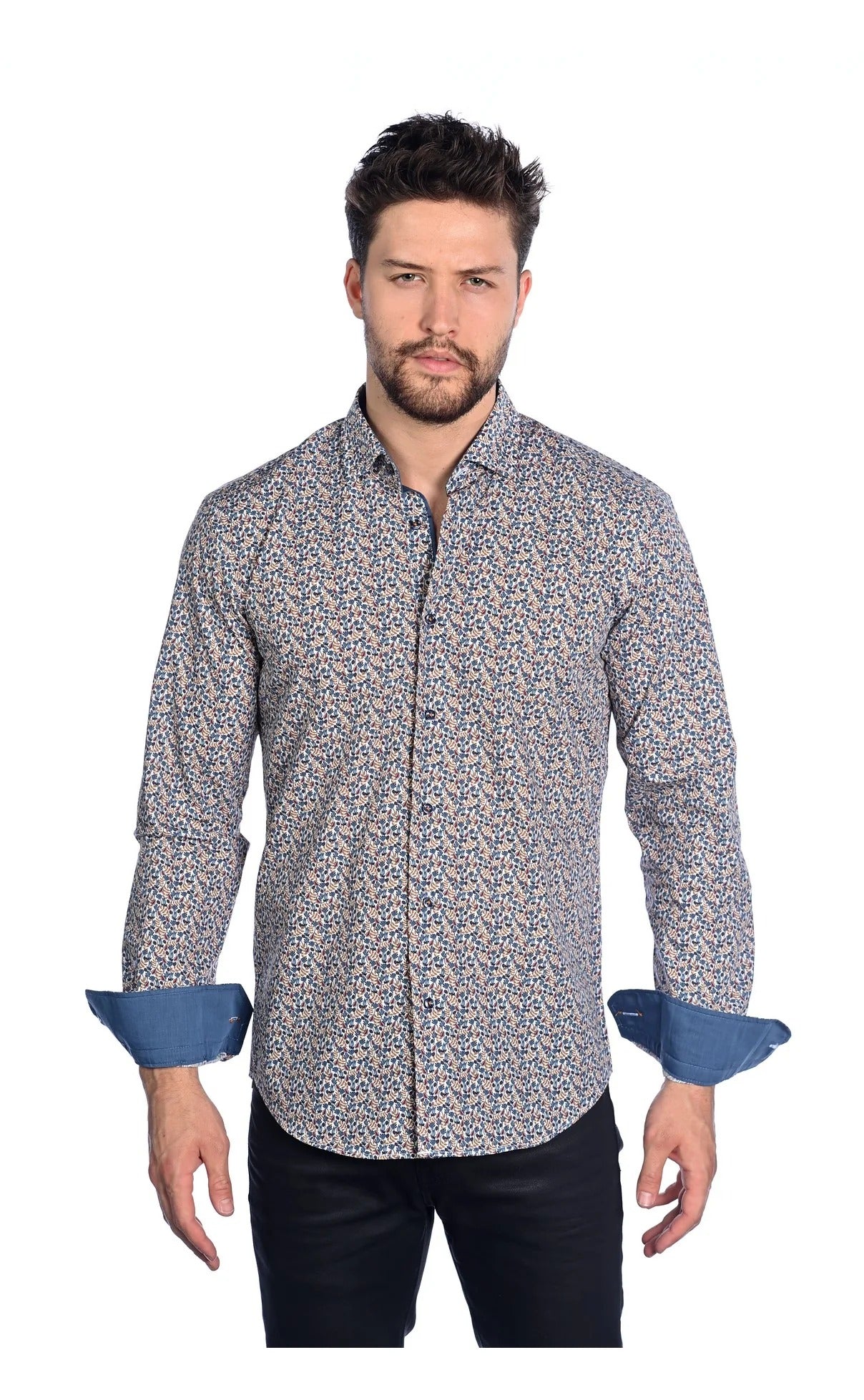 Wholesale,Mizumi, Mizumi Blue Floral Print Long Sleeve Button Up Shirt, Blue, Medium-44-TagL