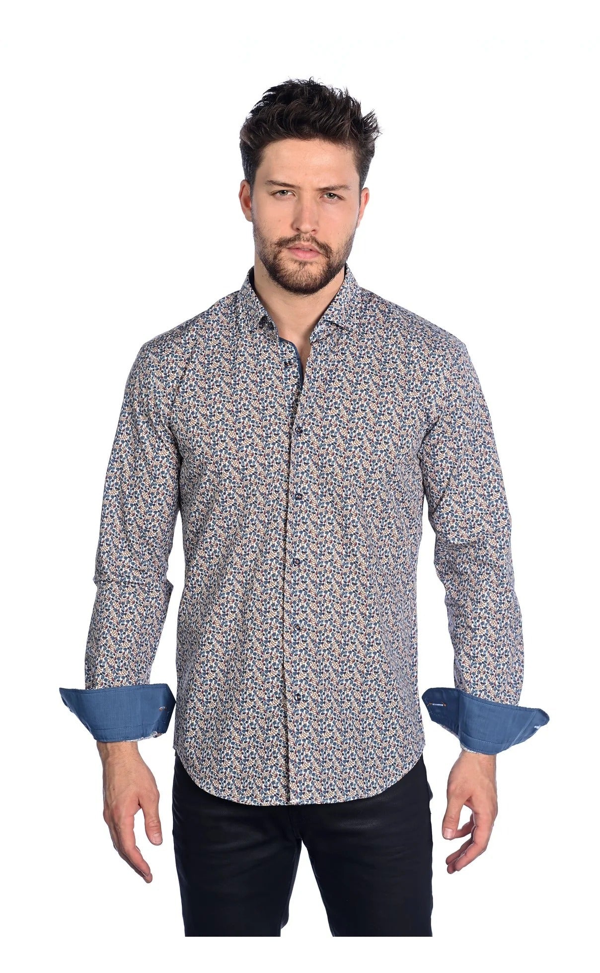 Wholesale,Mizumi, Mizumi Blue Floral Print Long Sleeve Button Up Shirt, Blue, Large-46-TagXLMedium-42-TagMMedium-44-TagLExtra Large-49-TagXXL