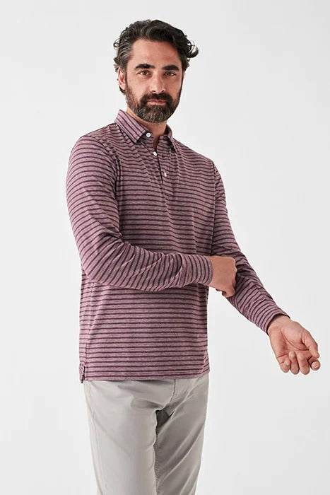 Faherty Burgundy Stripe Long Sleeve Movement Polo