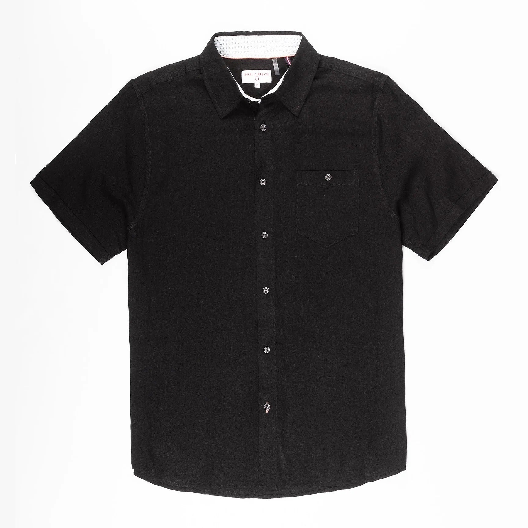 Wholesale,Public Beach, Public Beach Black Linen Blend Short Sleeve Shirt with Contrasting Inner Placket, Black, Small-42-TagSMedium-44-TagMLarge-46-TagLExtra Large-50-TagXL